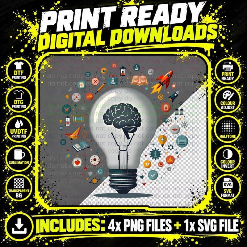 Idea Bulb with Brain Rocket Book & Science Education Png SVG Digital Bundle
