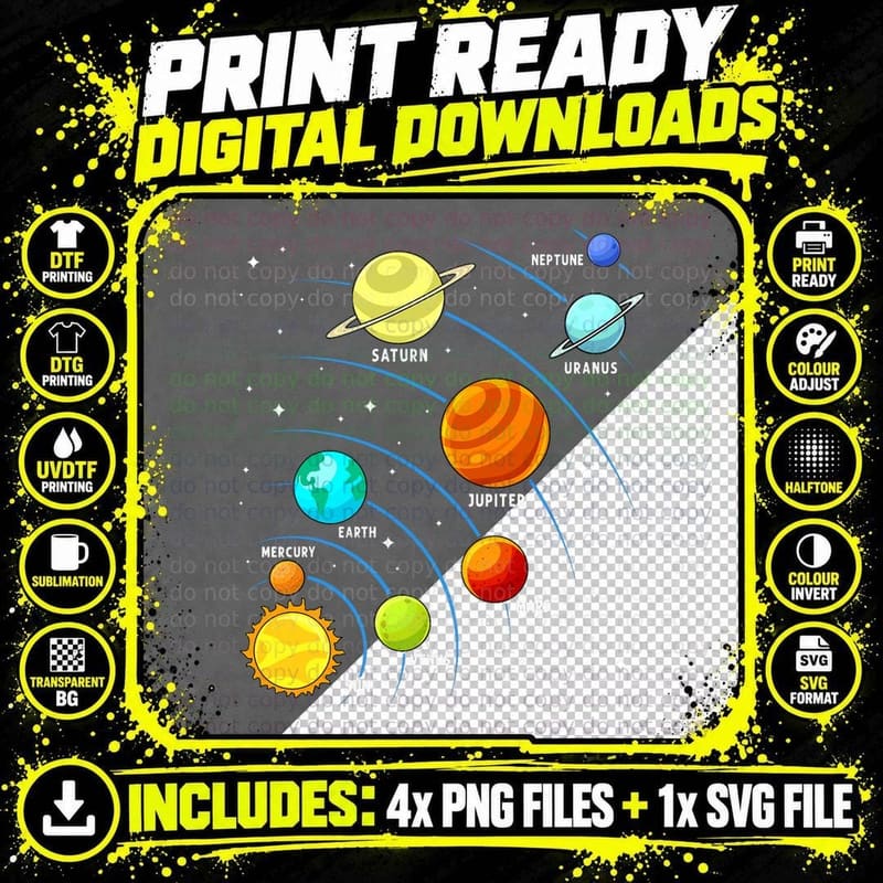 Kids Colorful Planets Solar Systems Mens Boys Space Png SVG Digital Bundle