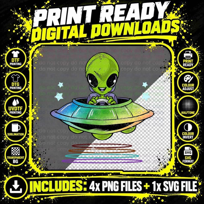 Kids Gift Idea Cute UFO Alien T-Shirt Png SVG Digital Bundle