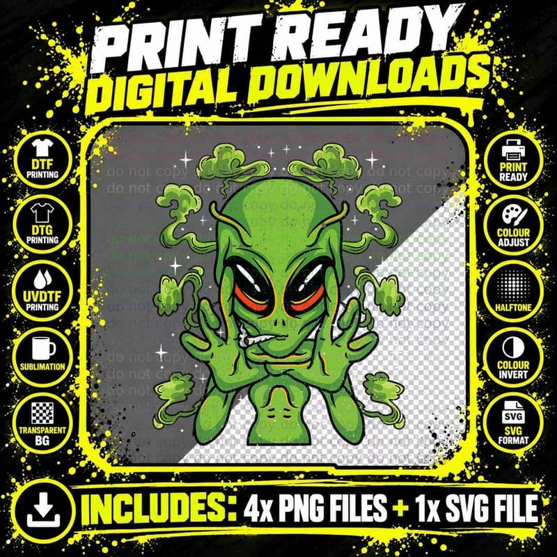 Marijuana Alien Smoking Joint Smoke Green Alien Png SVG Digital Bundle