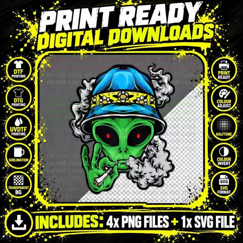 Marijuana Smoking Alien - Just Chilling Weed Stoner 420 Png SVG Digital Bundle