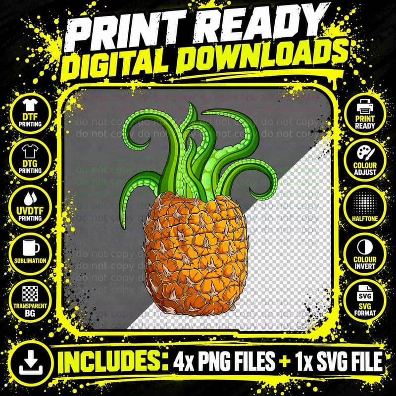 Octopus Tee Shirt Women Men, Hawaiian Alien Pineapple Png SVG Digital Bundle