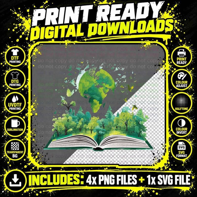 Open Book Earth Planet Forest Graduation T-Shirt Png SVG Digital Bundle