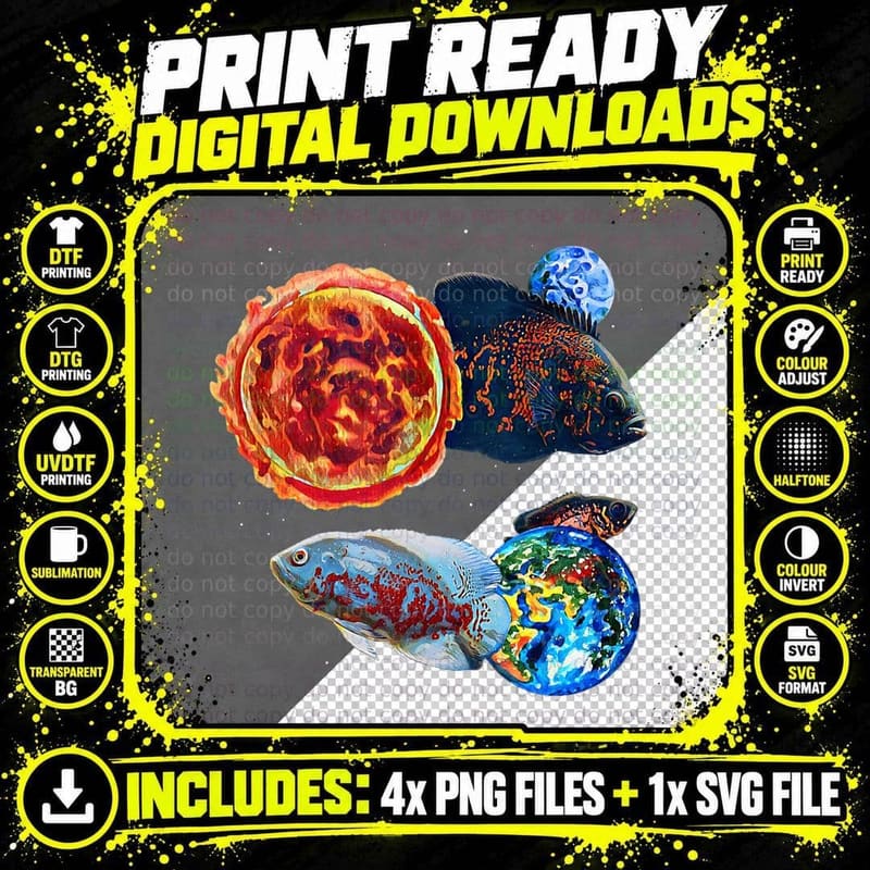 Oscar Cichlid Fish Planets Galaxy Monster Aquarium Png SVG Digital Bundle