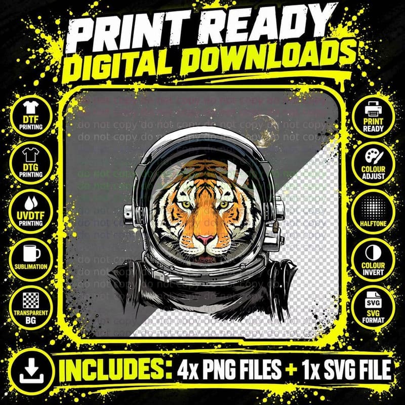 Outer Space Astronaut Tiger Face Astronomy Lover Galaxy Png SVG Digital Bundle