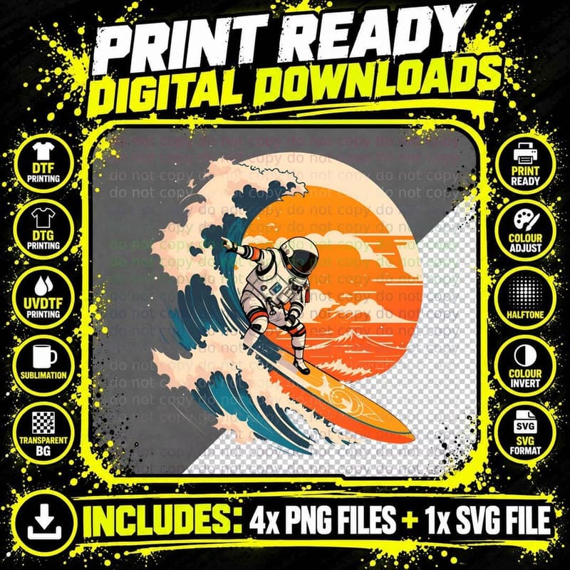 Outer Space Surfing Astronaut - Astronaut Surfing Cosmic Png SVG Digital Bundle
