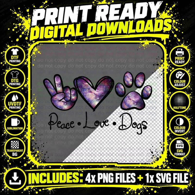 Peace Love Dogs T-Shirt, Galaxy Print, Pet Lover Apparel Png SVG Digital Bundle