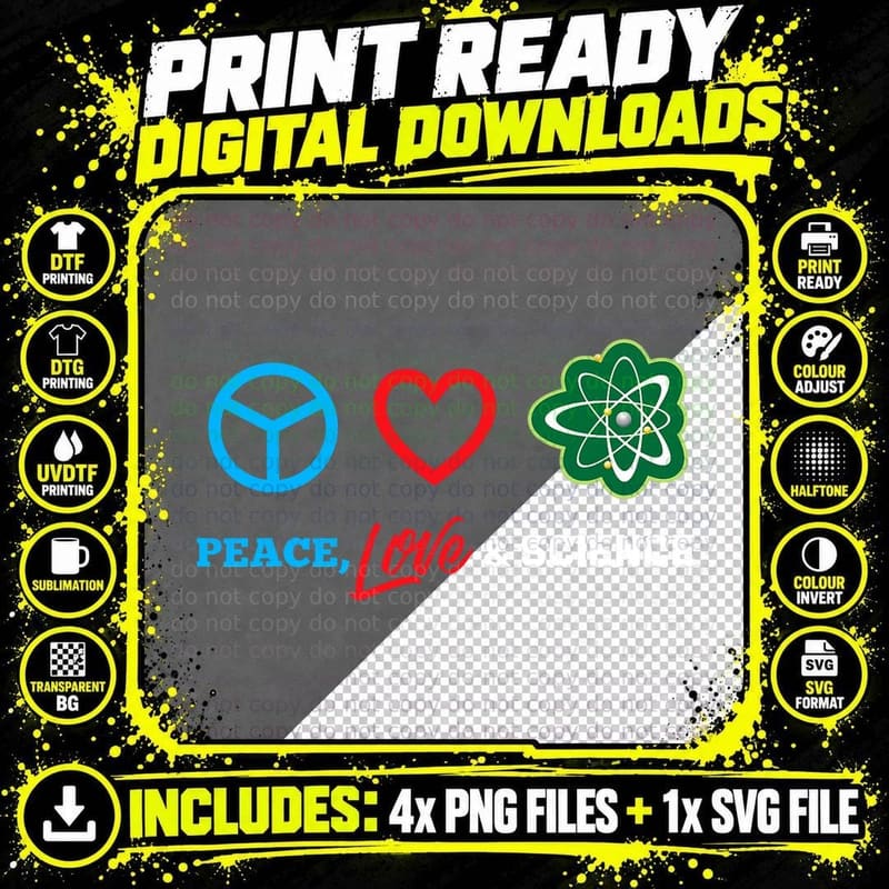 Peace Love and Science Quote Scientist Chemist Astronomy Png SVG Digital Bundle