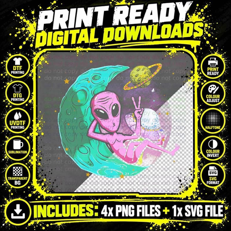 Peace Sign Hand Planet Stars Cool Trippy Pink Alien Say Png SVG Digital Bundle