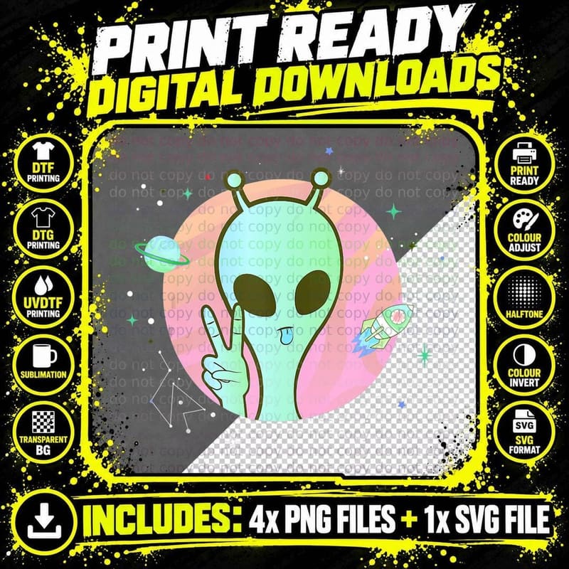 Peace Sign Hand Planet Stars UFO Cool Trippy Green Alien Png SVG Digital Bundle