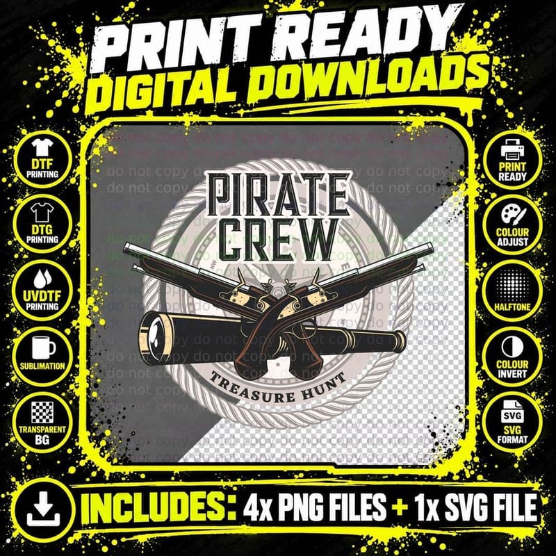 Pirate Cannon Crew Treasure Hunt Telescope Rope T-Shirt Png SVG Digital Bundle