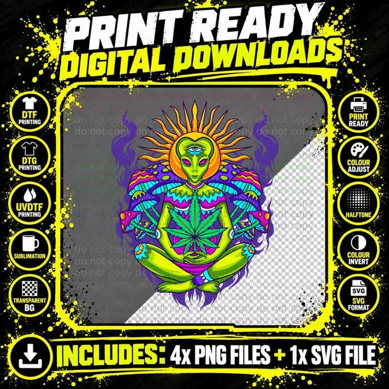 Psychedelic Alien Figure with Cannabis Leaves Trippy Png SVG Digital Bundle