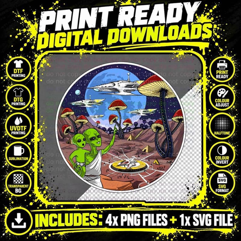 Psychedelic Alien Magic Mushrooms T-Shirt Png SVG Digital Bundle