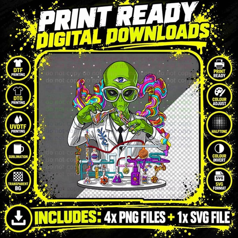 Psychedelic Alien Scientist T-Shirt Png SVG Digital Bundle