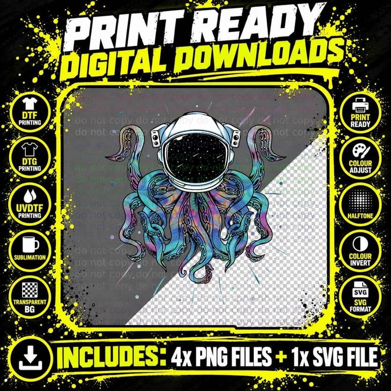 Psychedelic Octopus Outer Space Kraken Cosmic Universe Png SVG Digital Bundle