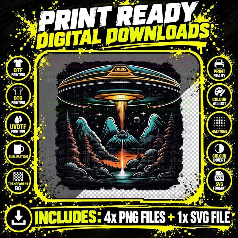 Psychedelic, Trippy, Black Light Alien UFO Ship Art Png SVG Digital Bundle