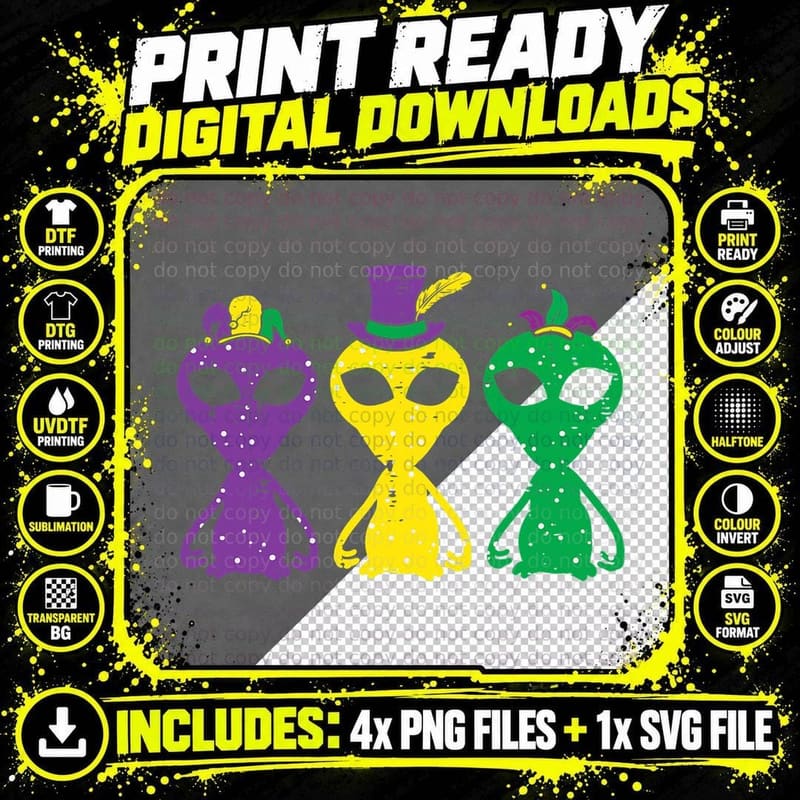 Purple Yellow Green Aliens Louisiana Mardi Gras Boys Png SVG Digital Bundle