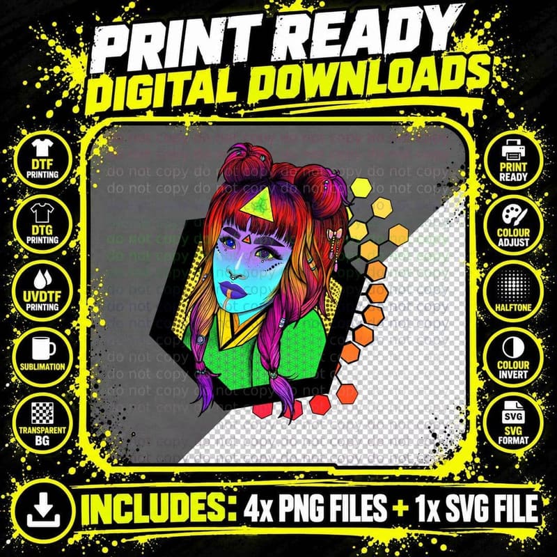 Rainbow Hair Alien Goddess T-Shirt Png SVG Digital Bundle