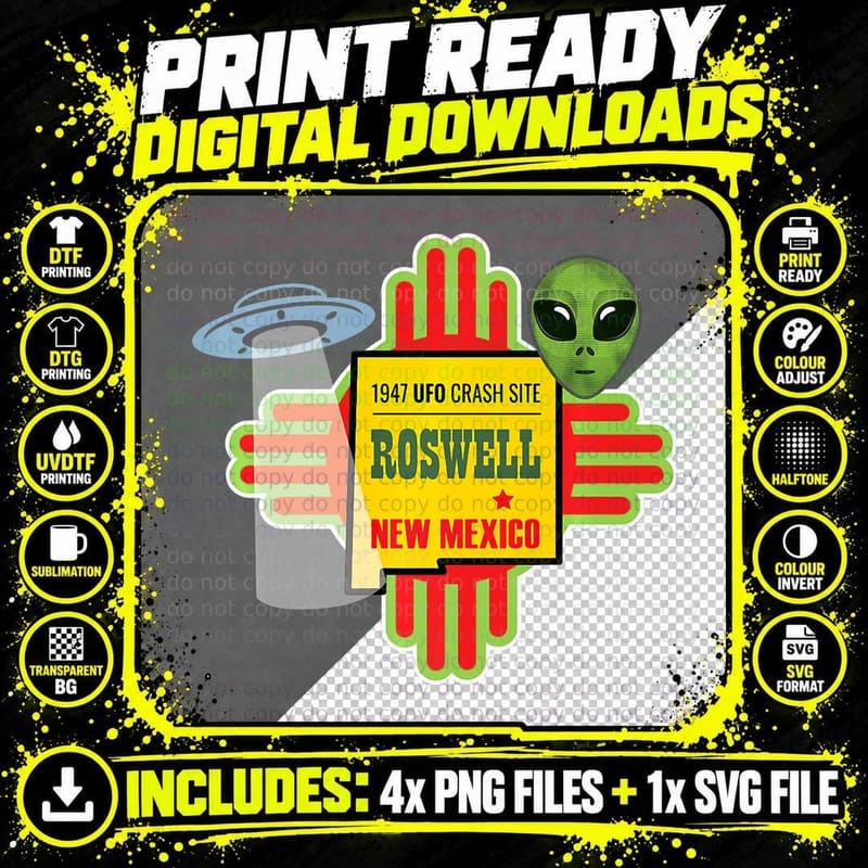 Roswell NM New Mexico UFO Alien Crash Site 1947 Zia Png SVG Digital Bundle