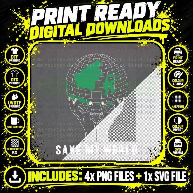 Save My World Globe Earth Green White Hands Png SVG Digital Bundle