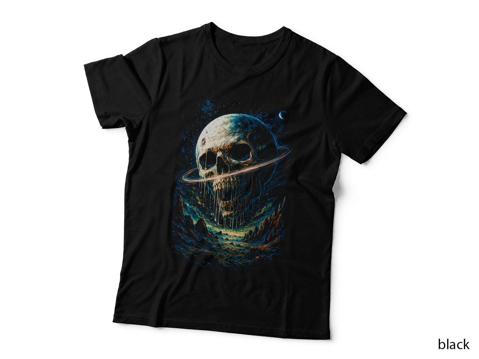 Skull Planet Saturn Cosmic T-Shirt, Halftone Gothic Skull Graphic Tee