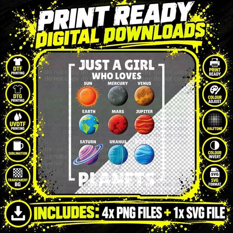Solar Star System Space Science Just a Girl Who Loves Png SVG Digital Bundle