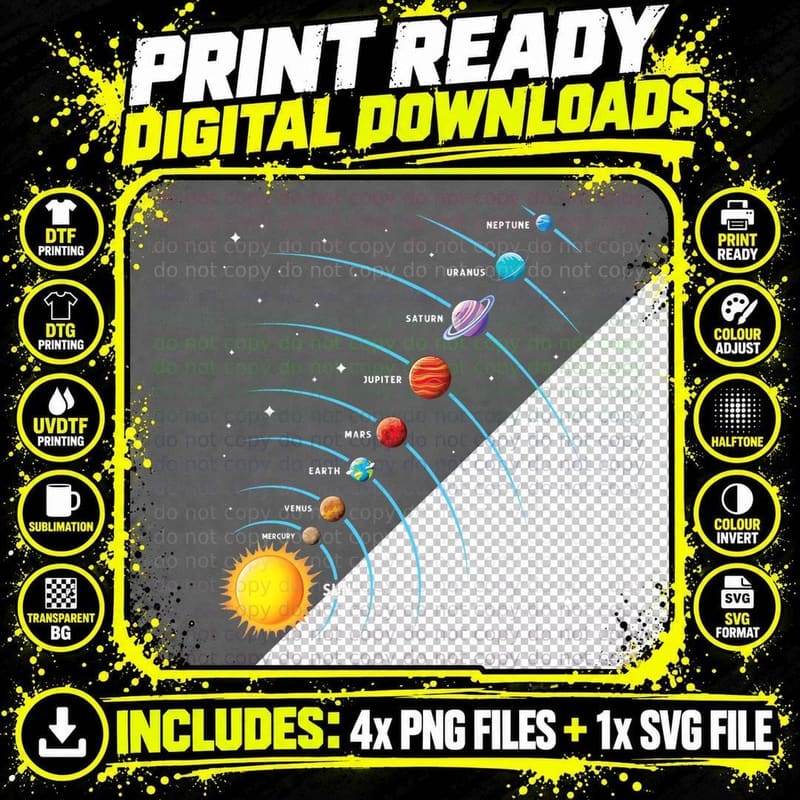 Solar System Colorful Space Planets Educational Kids Png SVG Digital Bundle