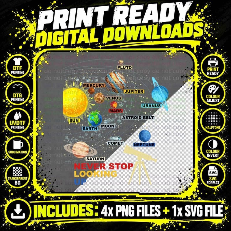 Solar System Planets - Never Stop Looking up - Astronomy Png SVG Digital Bundle