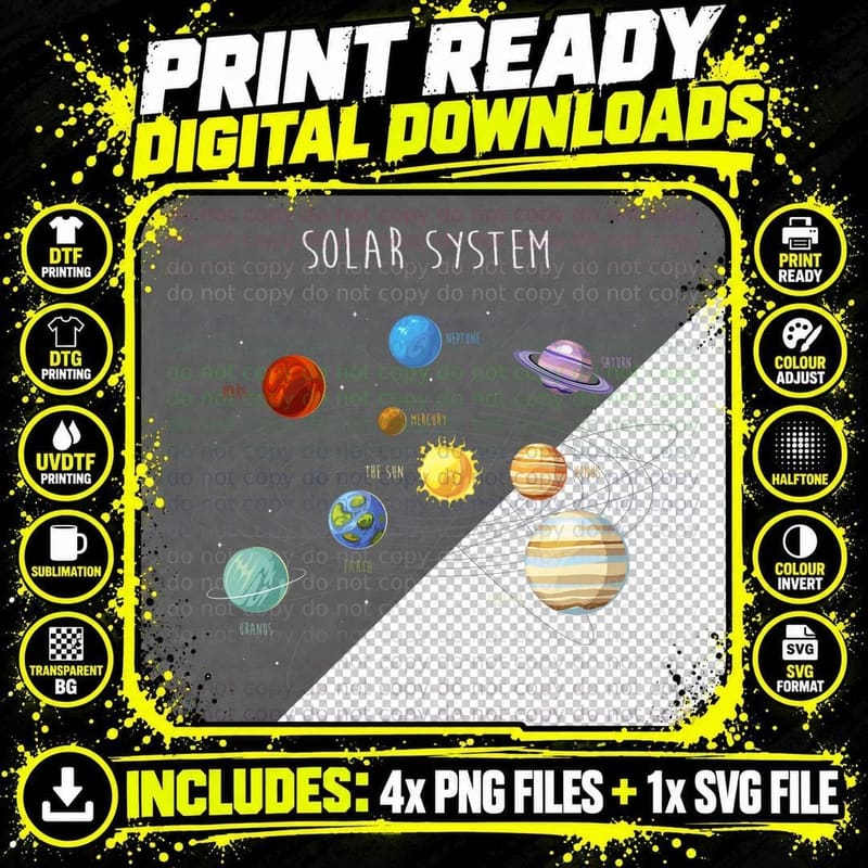Solar System Planets T Shirt with Sun Png SVG Digital Bundle