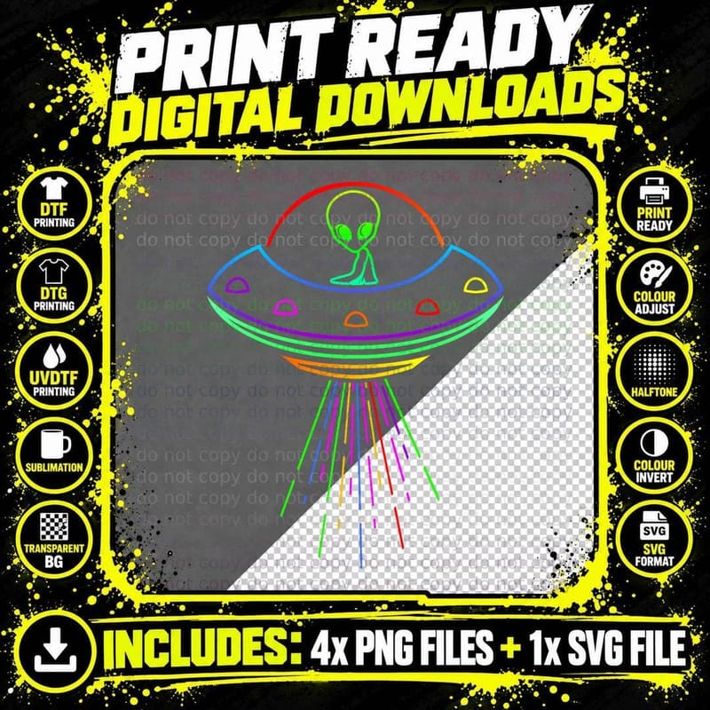 Space Alien UFO Neon Lights Rave Alien Lovers T-Shirt MM Png SVG Digital Bundle