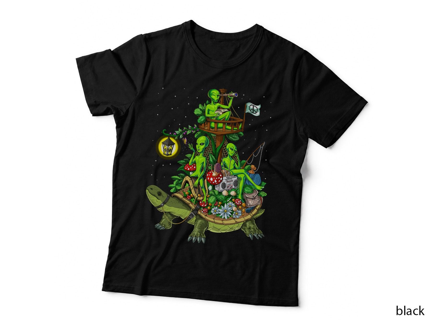 Space Aliens Hippie Riding Turtle Psychedelic UFO Cosmic T-Shirt