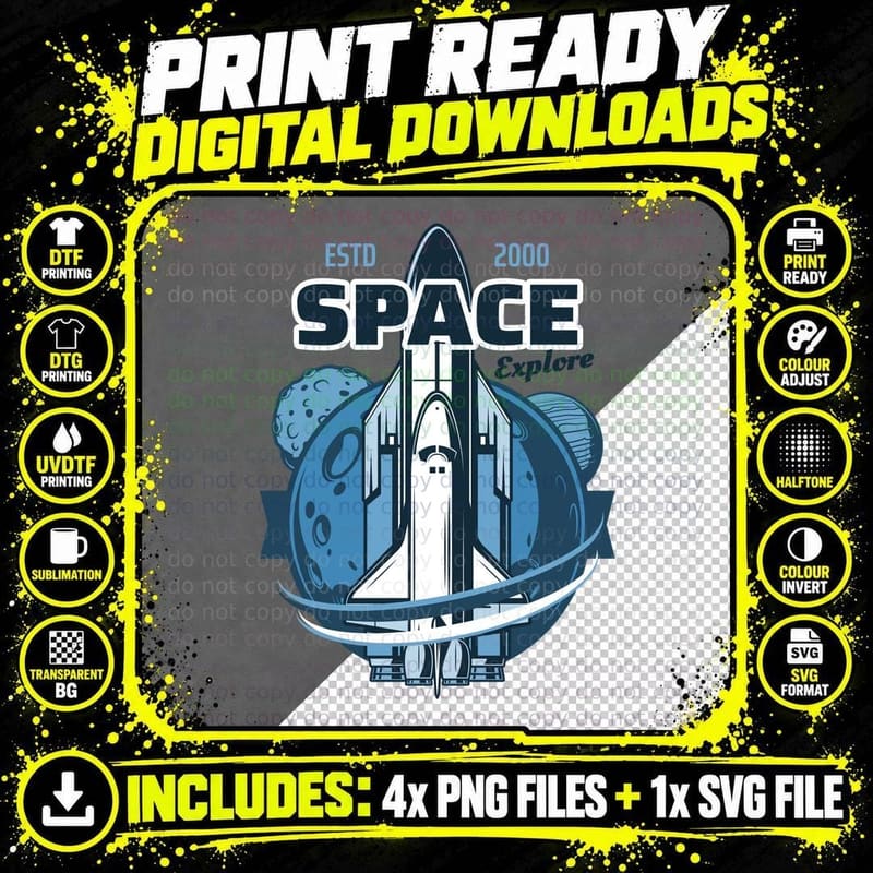 Space Rocket Explore Estd 2000 Ship Planet Blue Png SVG Digital Bundle