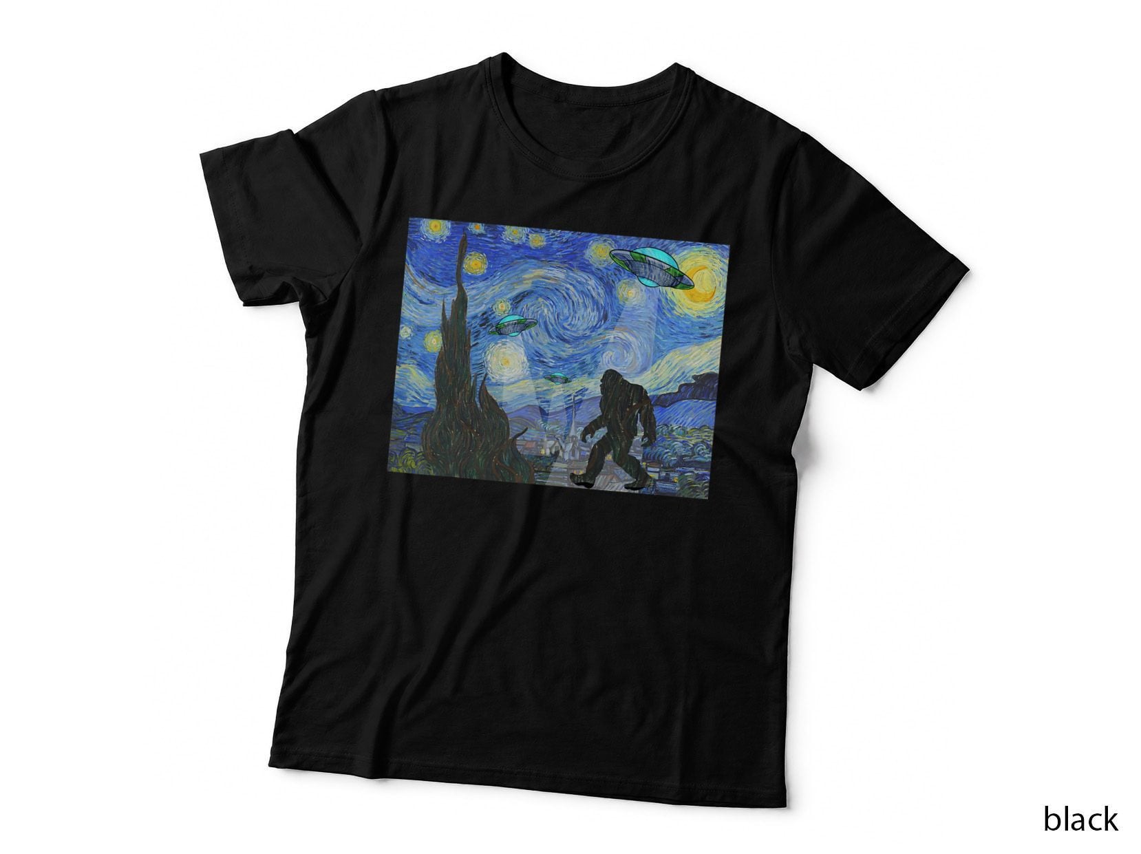 Starry Night Sasquatch and UFO Aliens Bigfoot Graphic T-Shirt