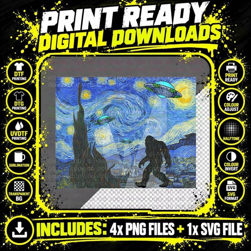 Starry Night Sasquatch and UFO Aliens Bigfoot Graphic Png SVG Digital Bundle