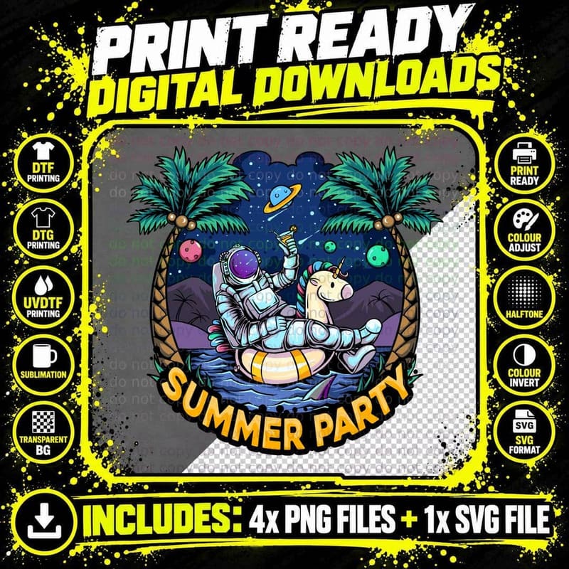 Summer Party Astronaut Beach Palm Trees Space T-Shirt Png SVG Digital Bundle