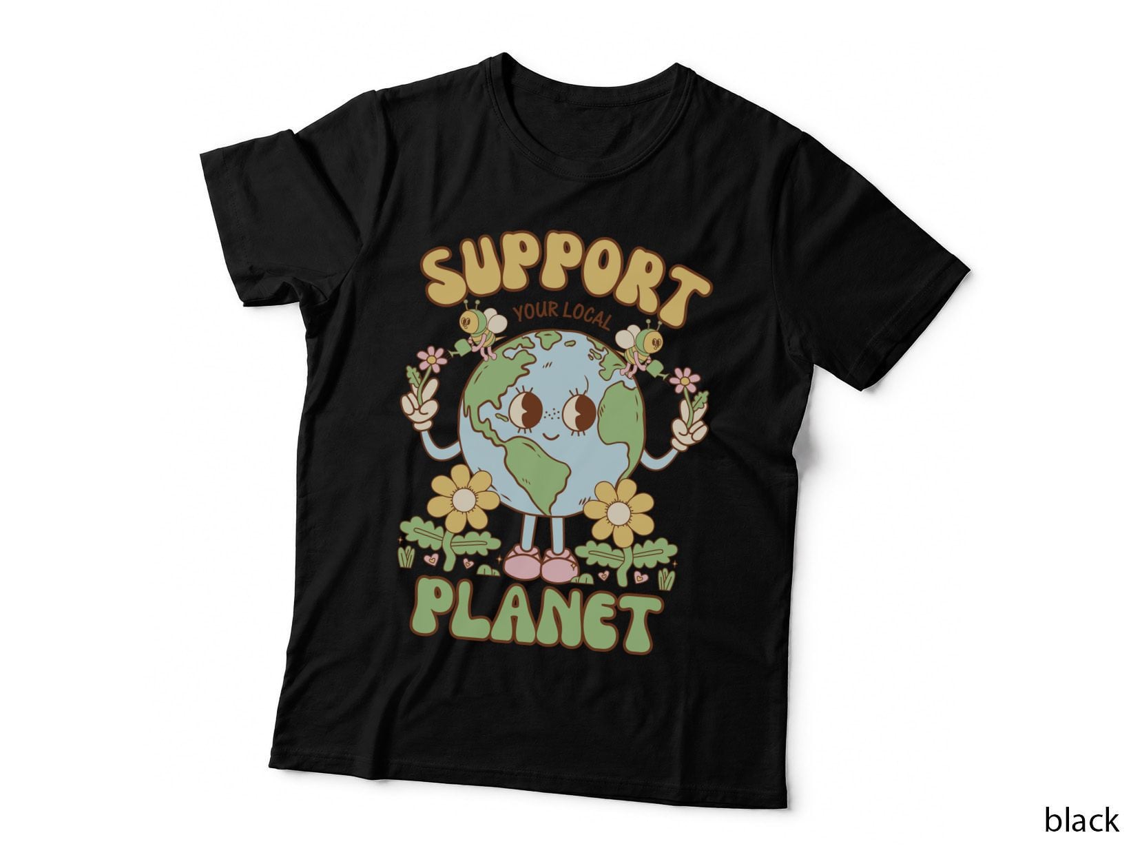 Support Your Local Planet Earth Day T-Shirt, Earth Holding Flowers with Bees