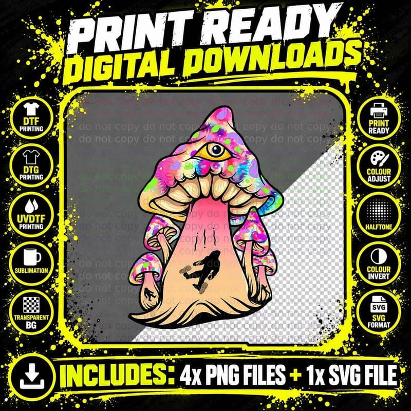 Tie Dye Alien Abduction & Psychedelic UFO Mushroom Png SVG Digital Bundle