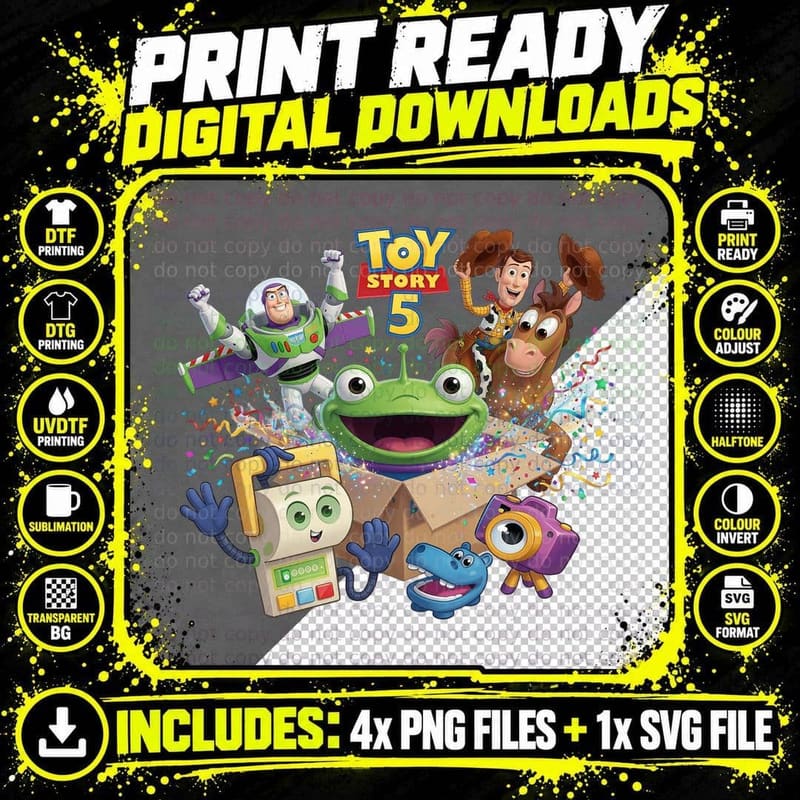 Toy Story 5 Party Group Characters Woody Buzz Alien Rex Png SVG Digital Bundle