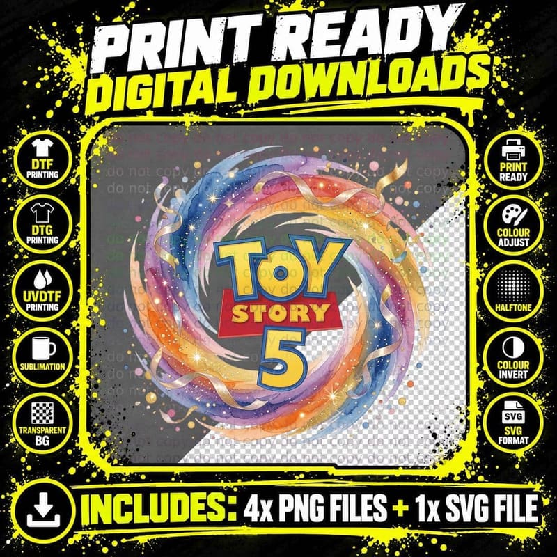 Toy Story 5 Watercolor Rainbow Magical Cosmic Confetti Png SVG Digital Bundle