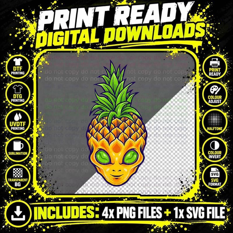 Tropical Fruit Hawaiian UFO Green Eyed Alien Pineapple Png SVG Digital Bundle