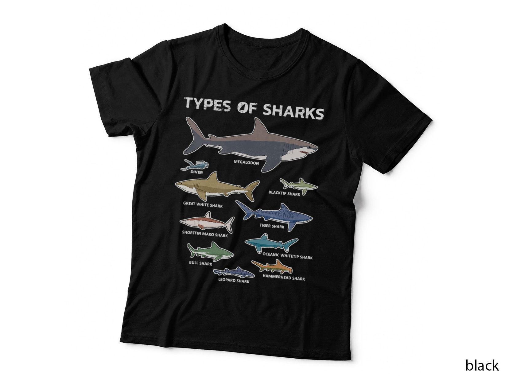 Types of Sharks Educational T-Shirt, Ocean Species Chart, Marine Biology Art