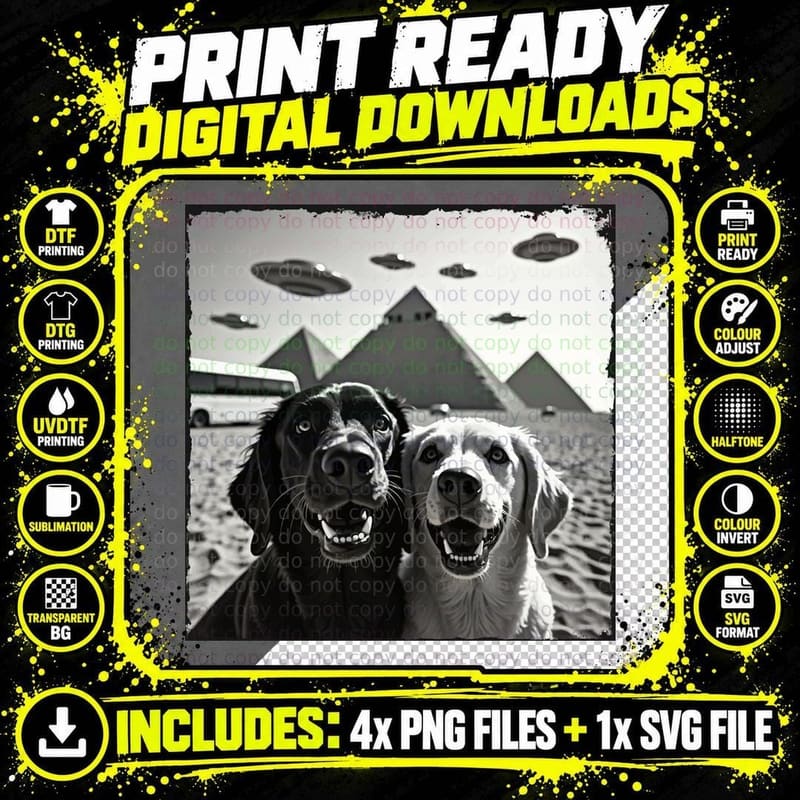 UFO Alien Dogs, Retreiver Taking a Selfie with Pyramids Png SVG Digital Bundle