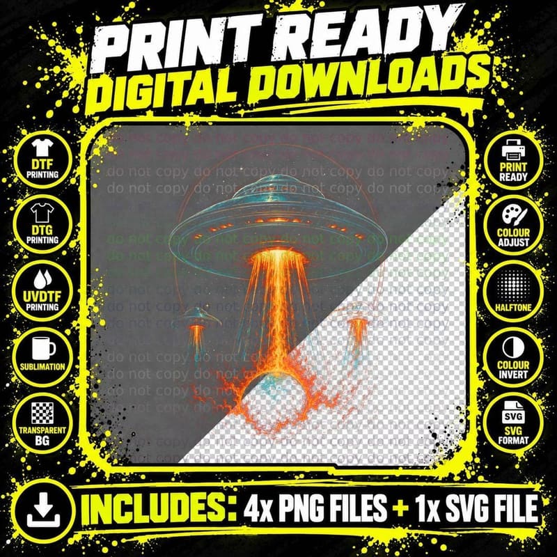 UFO Alien Invasion Halftone T-Shirt Png SVG Digital Bundle