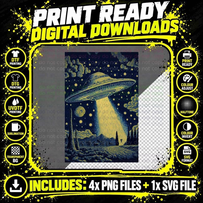 UFO Starry Night Style Painting, Van Gogh Alien UFO Png SVG Digital Bundle