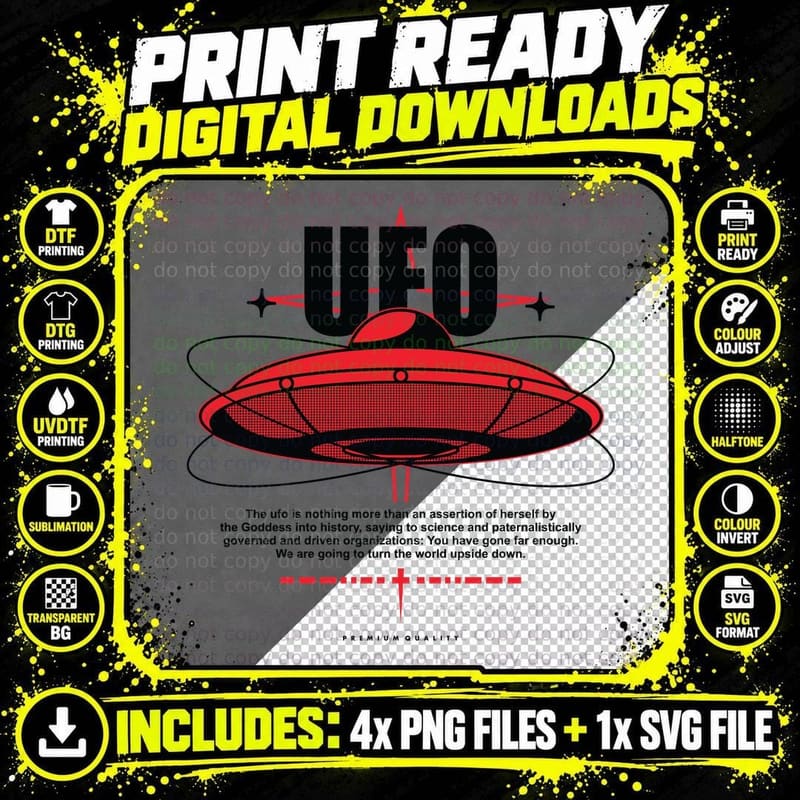 Ufo Flying Saucer Alien Cosmic Halftone Red T-Shirt Png SVG Digital Bundle