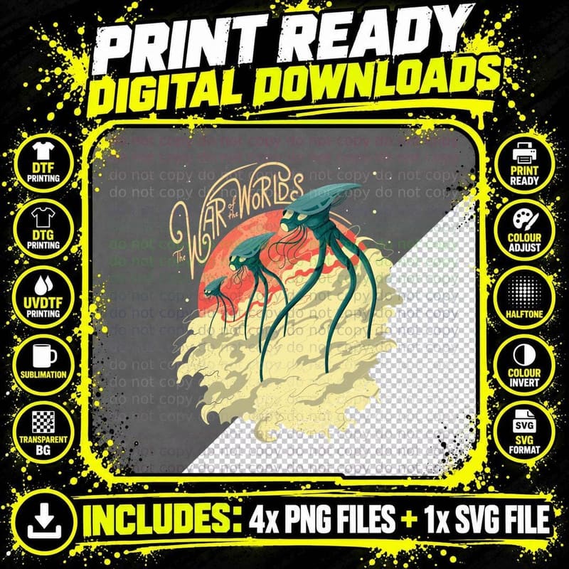 War of the Worlds Tripod T-Shirt, Alien Invaders on Red Png SVG Digital Bundle