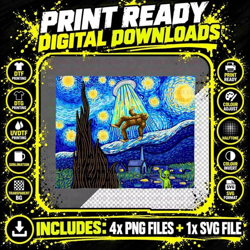 Bigfoot T, Bigfoot Alien, Starry Night T-Shirt Png SVG Digital Bundle