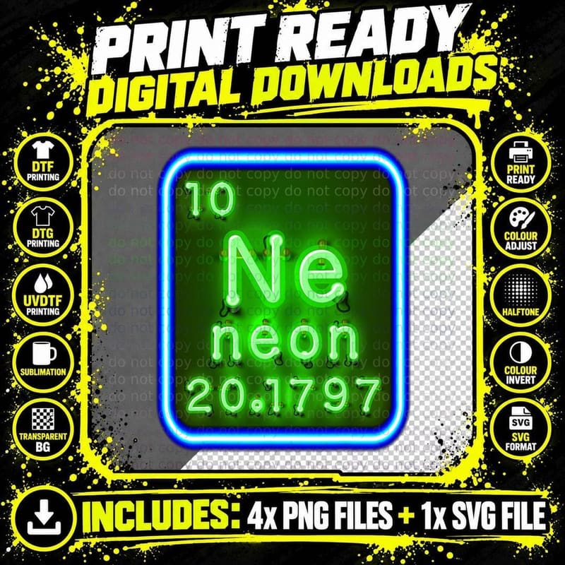 Neon Element of the Chemistry Periodic Table for Png SVG Digital Bundle