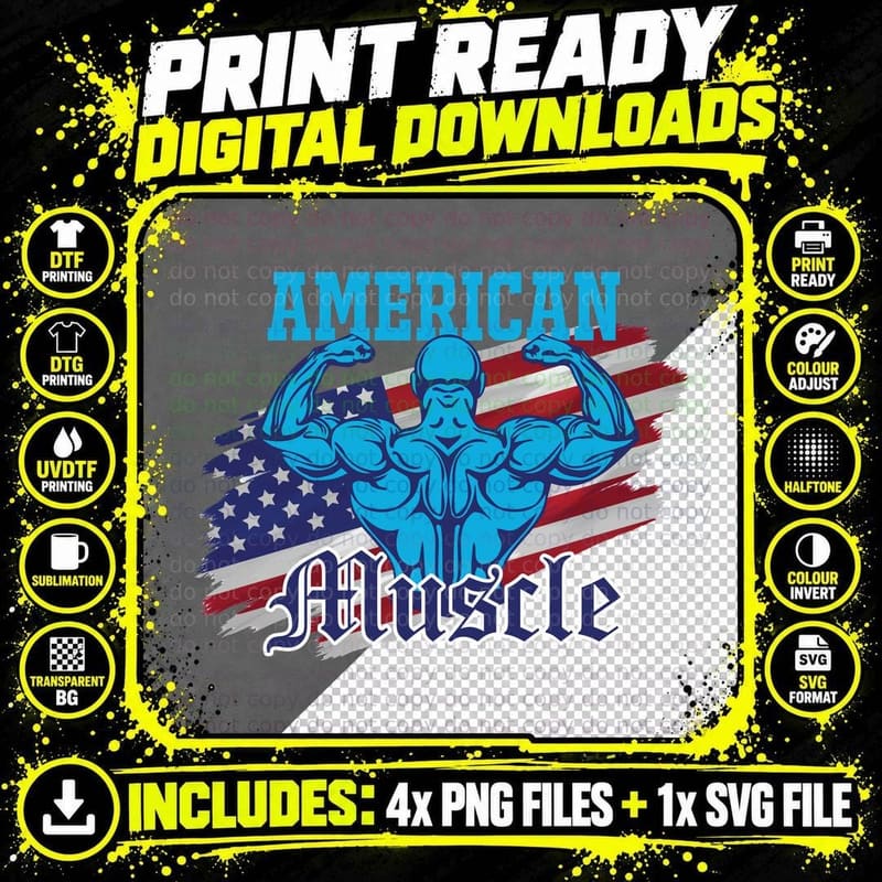 American Athlete Blue Flag Bodybuilder Muscular Png SVG Digital Bundle
