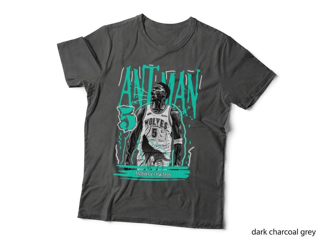 Anthony Edwards Ant Man 5 Teal Graffiti Text Wolves Jersey Grayscale T-Shirt